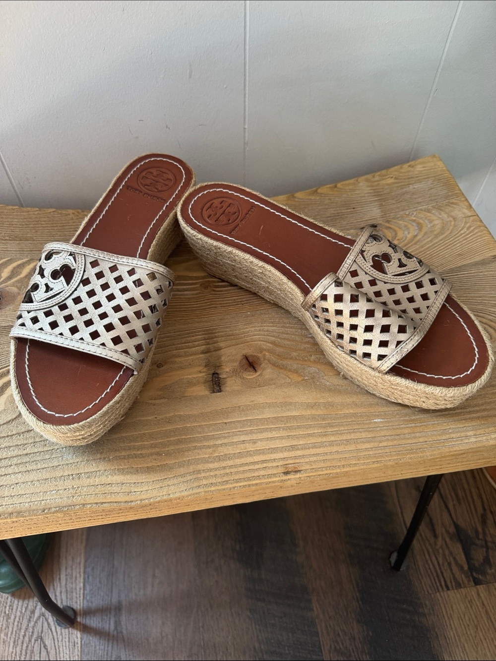 Tory Burch Metallic Espadrille Wedge Slide - Gold Size 8.5